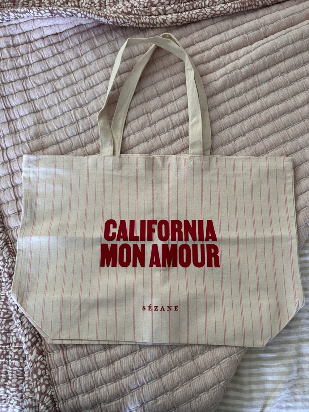 Sezane California Mon Amour Canvas Tote Bag in Cream with Red Print